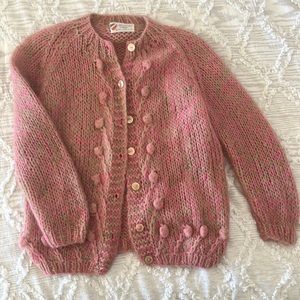 Sweet vintage 1960s girls pink cardigan w/ pompom detail, handmade in Italy